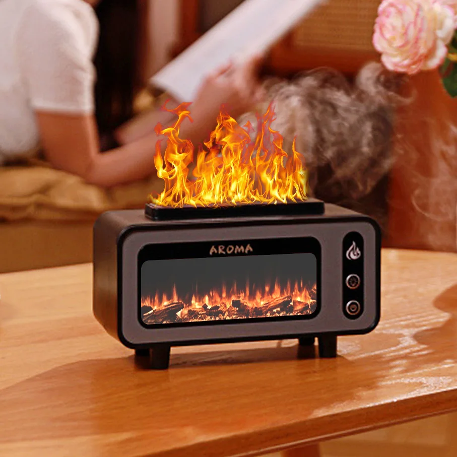7 Color LED 3D Fire Flame Simulated Fireplace Ultrasonic Aroma Essential Oil Diffuser Air Humidifier Hotel Use 1 Year USB
