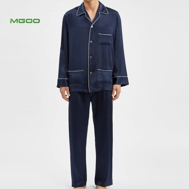 
MGOO OEM Plain Pattern Light Weight Silk Cotton Navy Men Pyjama Sleepwear Pajama with Pockets 