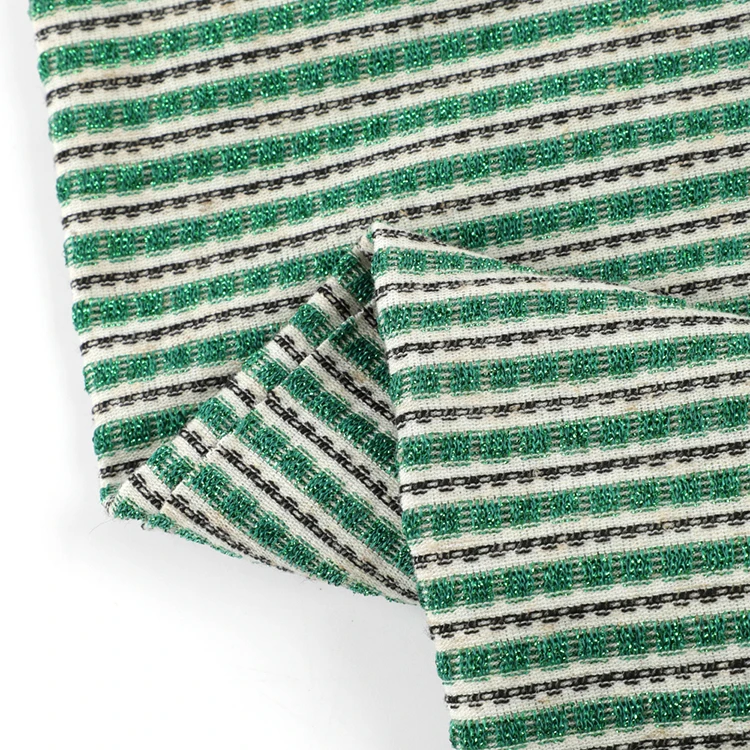 78.5%Polyester 8.7%linen 6.8%metallic lurex stripe yarn dyed knit single jacquard knitting linen blend fabric