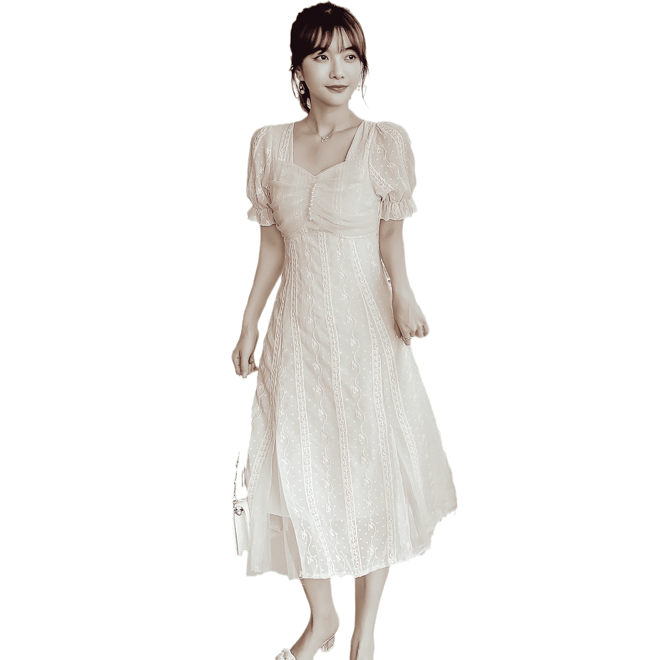 Beading Women Mesh Midi Dress Summer Apricot Sweet Tulle Chiffon Elegant Ruffle Sleeve Long Evening Dresses For 2022