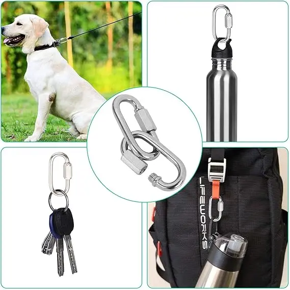 Stainless Steel Quick Link Oval Locking Carabiner Connector for Pet, Backpacks, Key Ring, Dog Leash, Water Bottles