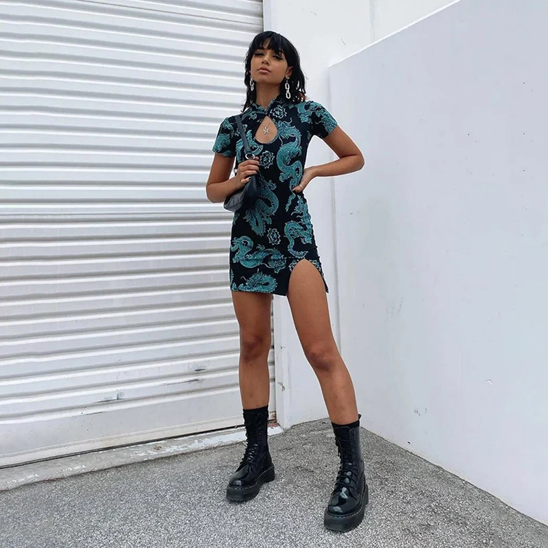 D1736869 Traditional female slim cheongsam ropa mujer summer sexy hollow out printing banquet suit mini dress