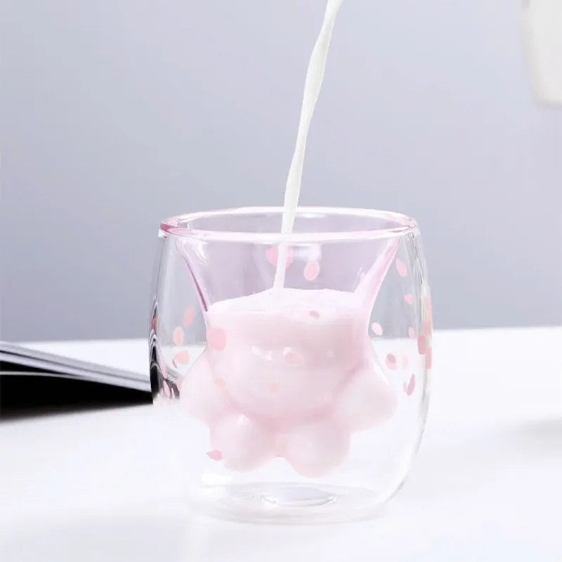 Cherry blossom pink girl cat claw cup high borosilicate glass double layer cup heat proof coffee milk juice cup