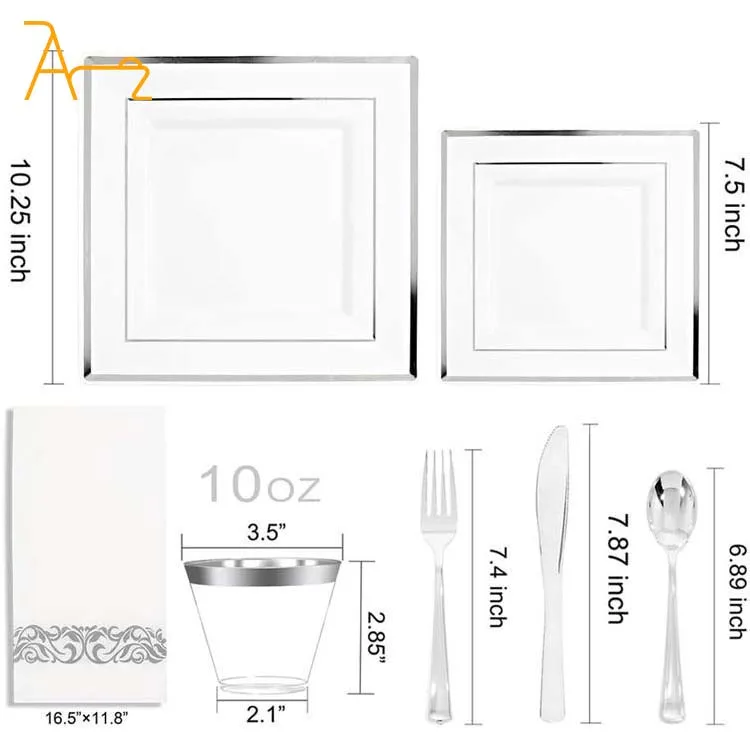 High quality banquet silver gold rose gold rimmed luxury cutlery wedding party plates sets plastic disposable tableware