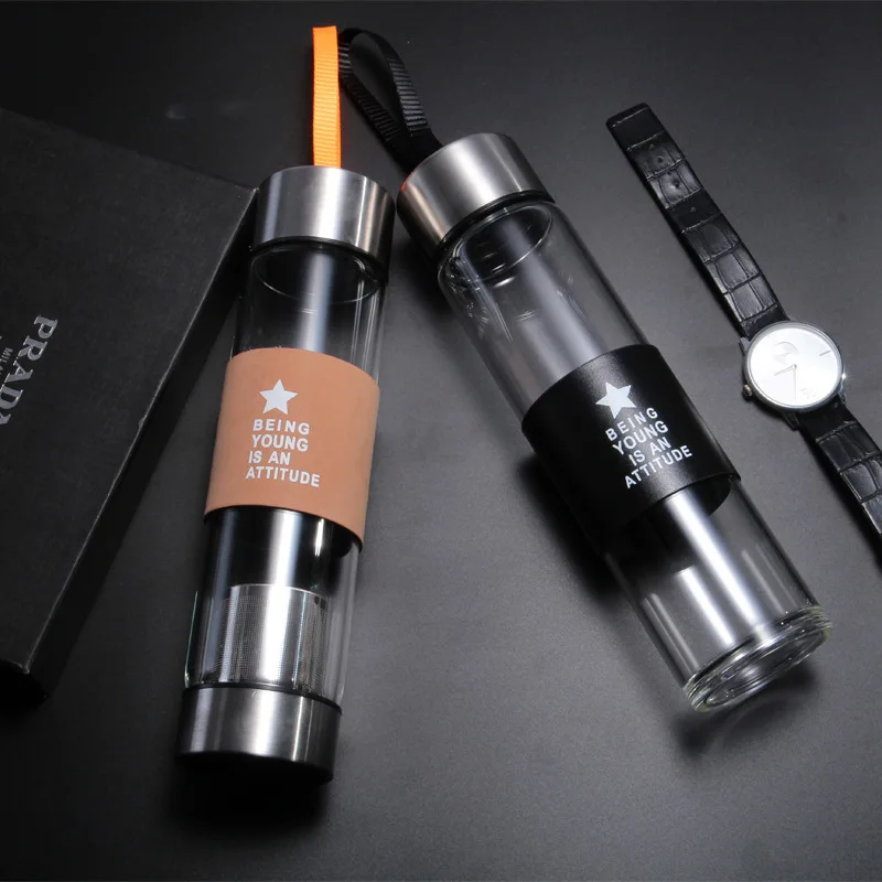 Подарочная чашка с логотипом на заказ, бутылка для воды с фильтром для чая, переносной Теплоизоляционный кожаный чехол, стеклянная бутылка для воды с ситечком для чая