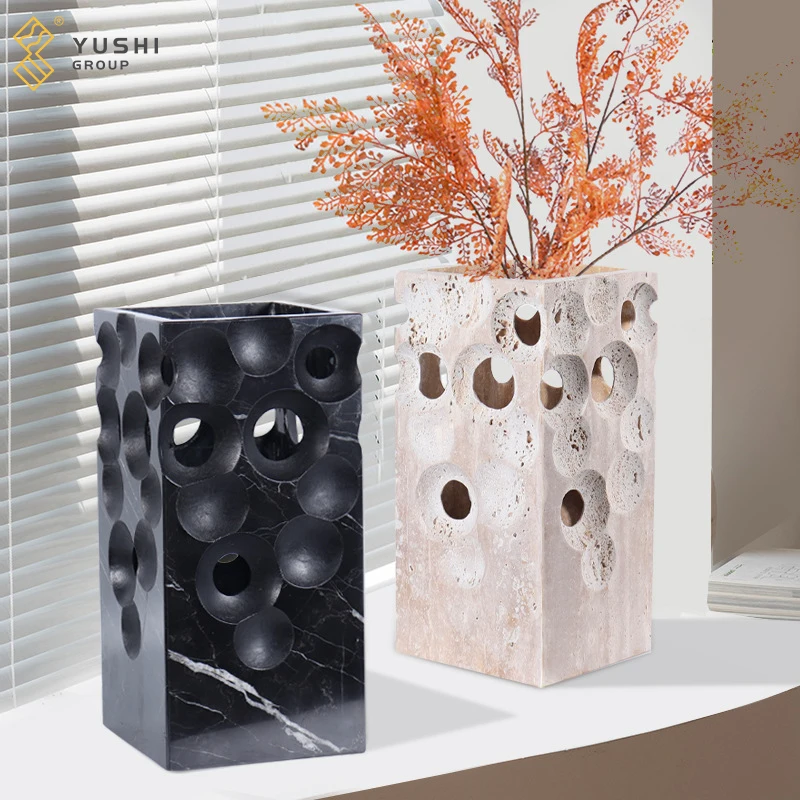Yushi Group High Quality Natural Modern Travertine Marble Stone Designer Flower Vase Fashion French Travertine Stone Flower Vase