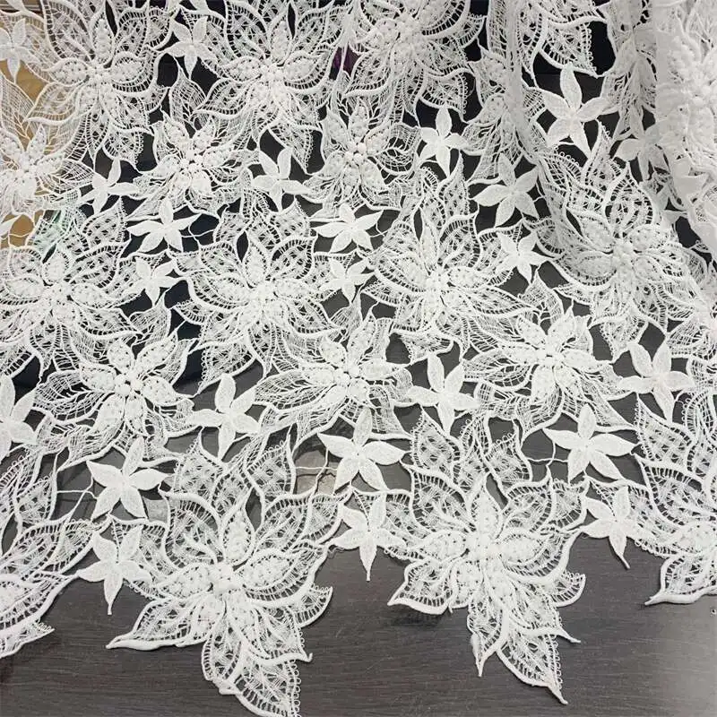 2021 hot selling pure white wedding dress water-soluble high-end three-dimensional polyester thick embroidered lace fabric