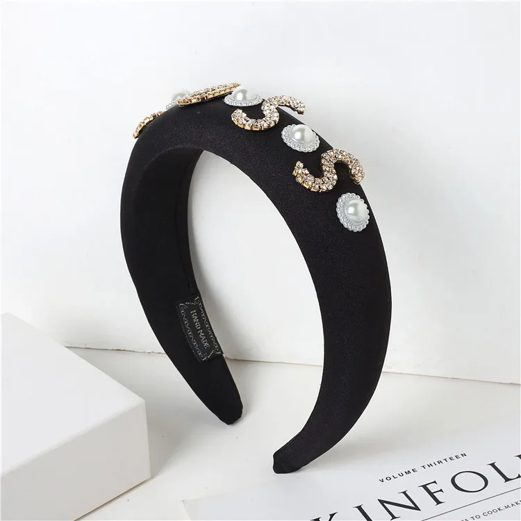 2021 Fashion Black Sponge PADDED Boss Letters Boujee Queen Crystal Baroque Bead Headband Lurex Rhinestone Headband