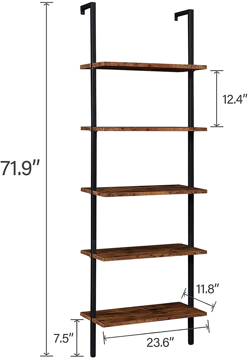 Industrial Ladder Shelf, 5-Tier Wood Wall-Mounted Bookcase with Stable Metal Frame, 72 Inches Storage Rack Shelves Display Plant