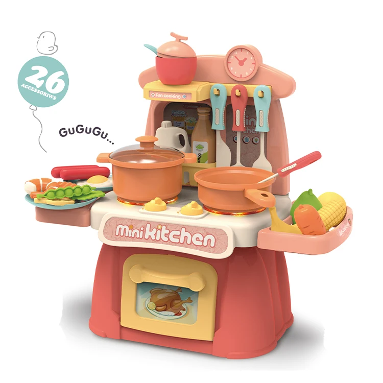 26 Pcs Mini Kitchen Play Set Toy with Sounds and Lights Role Playing Game Pretend Food and Cooking Play Set for Toddlers