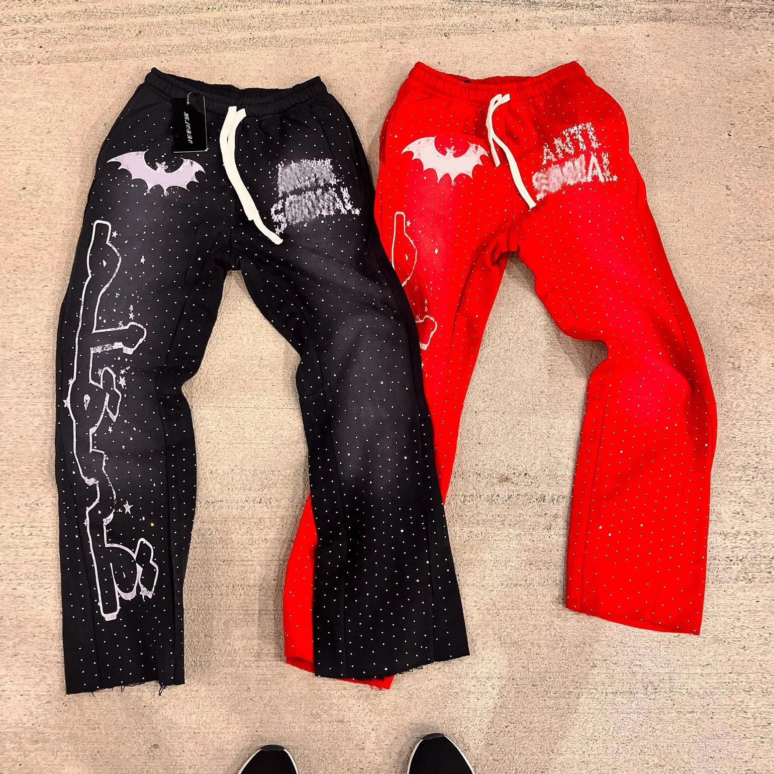 custom cotton streetwear washed vintage screen print oversized cut and sew rhinestone flared sweat pants