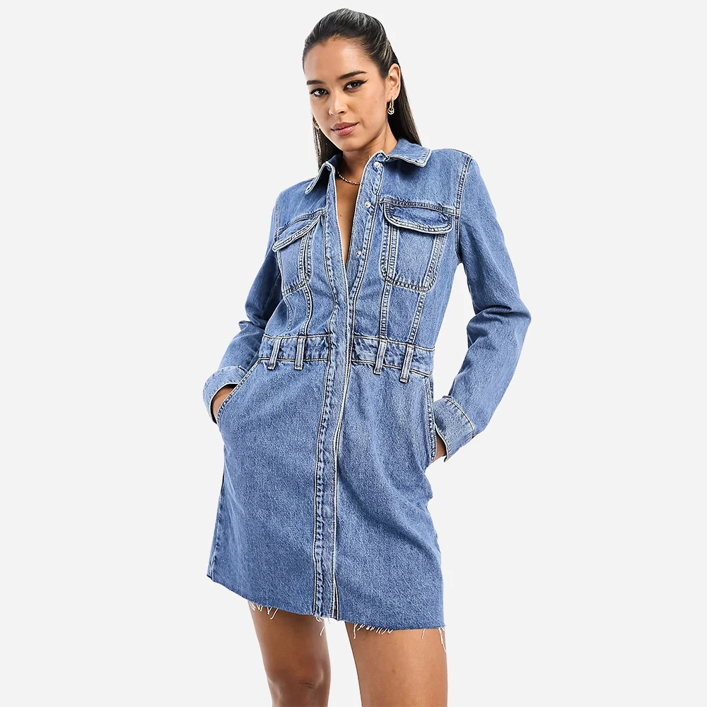 Spread Collar Functional Pockets Raw Cut Hem Blue Womens Denim Jeans Dress
