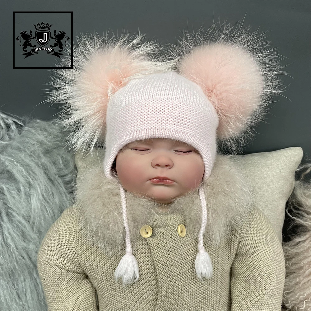 Детская Зимняя Теплая Вязаная Шапка-бини с двумя меховыми