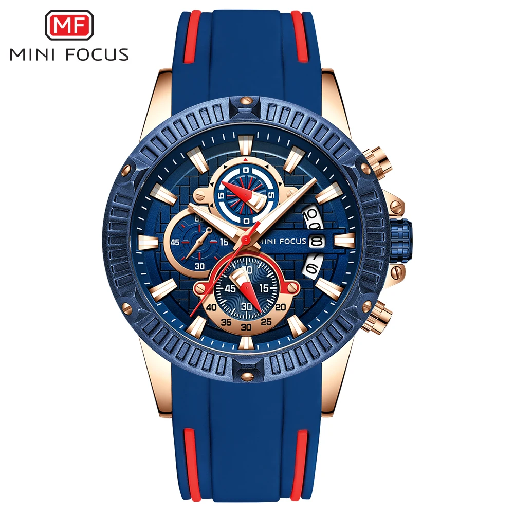 MINI FOCUS MF0244G Fashion Sports Watch Men Blue Quartz Waterproof Watches Rubber Strap Small Calendar Dial Brand Luxury Watch