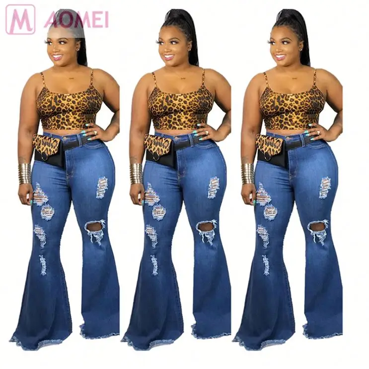 
S7019 casual fashion denim fabric washed ripped flared High Waist Women Jeans Pants 
