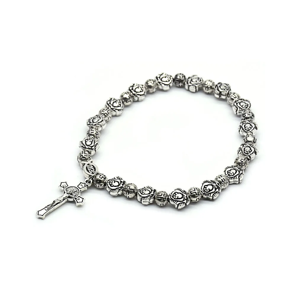 
2021 Komi Metal Catholic Elasticated Round Rose Alloy Beads Rosary Beads Cross Pendant Prayer Bracelet 