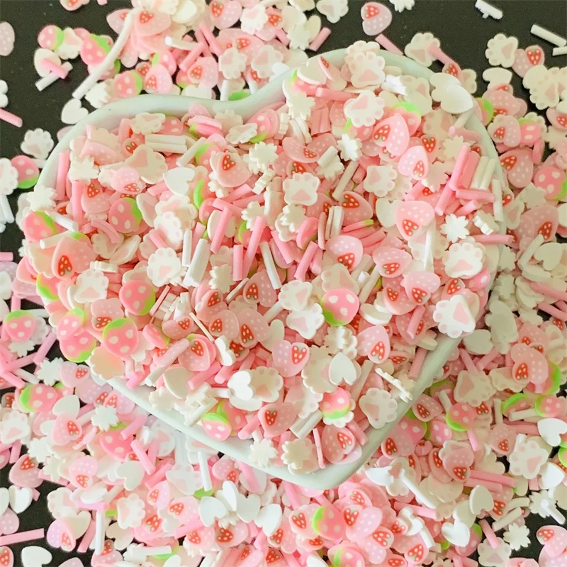 100g/bag Pink Heart Strawberry Mixed Slices Polymer Clay 3D Craft Slime Slices Diy Dolls for Mobile Phone Case Decorations