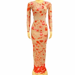 Sexy Red Multi-color Flowers Long Dress Women Dancer Performance Stretch Stage Costume Outfit Evening Prom Party Dress