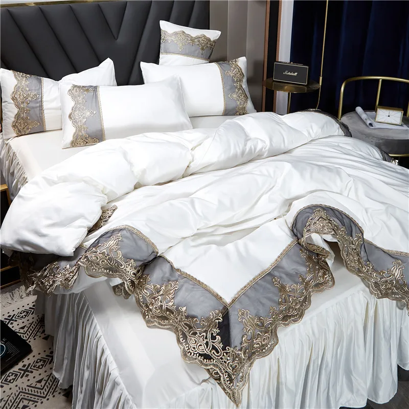 Princess style 100% silk solid color wedding bed sheet and duvet cover four-piece lace skirt bedding sets
