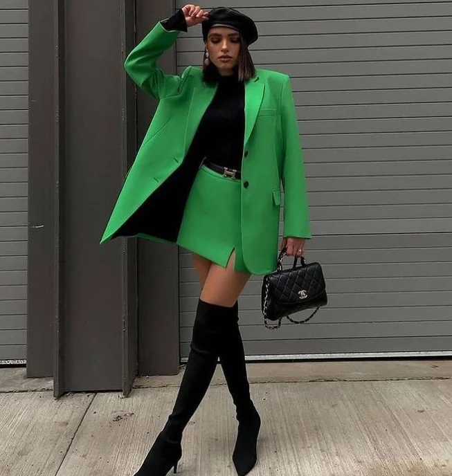 Customized Design Ladies Suit Green Blazer And Mini Skirt Fashion Two Pieces Lady Suits