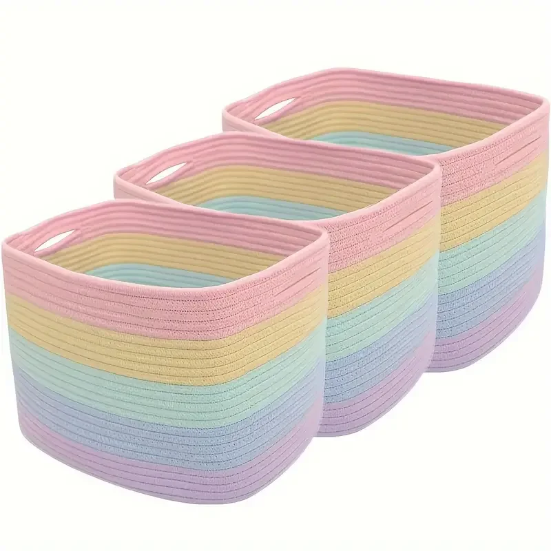 Multi-Colored Rainbow Design Cotton Rope Baskets Woven Storage Bin For Toys, Towels, Bathroom Essentials