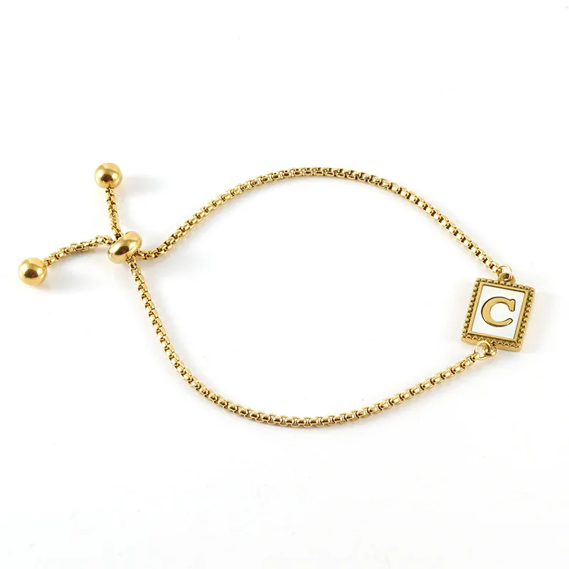 Stainless Steel 18 K Gold Plate Letter bracelet White Shell A-Z 26 Alphabets Rectangular Pendant Initial Sliding Bracelet