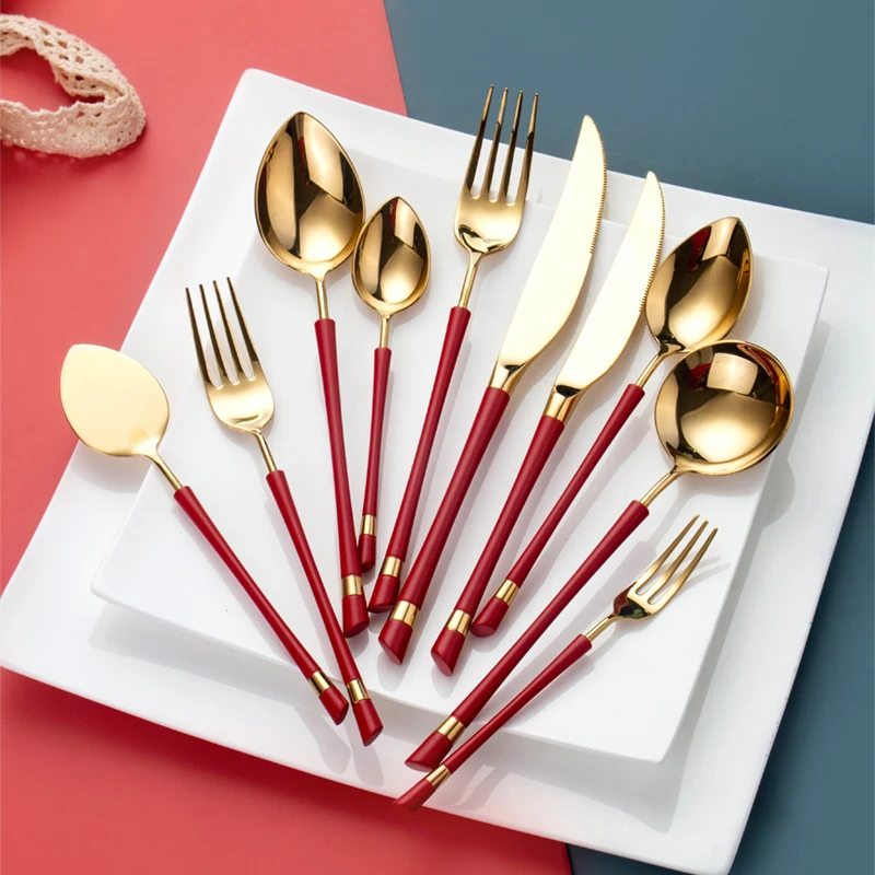 Flatware set modern slim handle knife fork spoon stainless steel cutlery gold