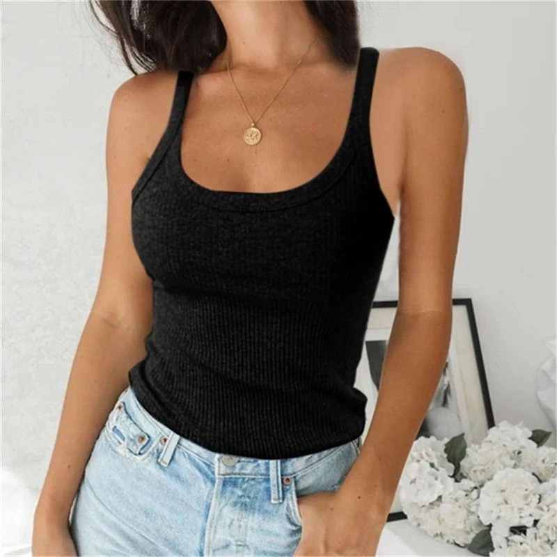Casual Solid Color Basic Sleeveless Spaghetti Vest Women Knitted Camis U-neck Tank Tops Camisole For Female Plus Size