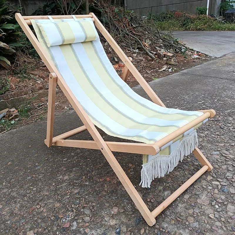 Modern simple easy carry classic terrace armless stripe cotton hardwood timber folding outdoor beach chair with fringes