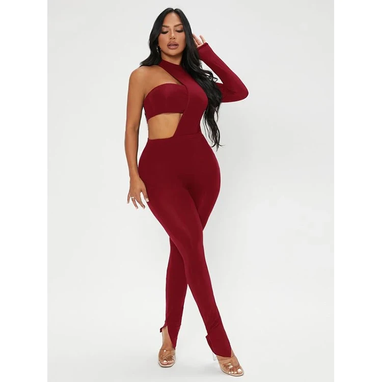 Sexy Hollow Out Mock Neck Bandage Cut Out Crop Red Tube Top Women Split Skinny Bodycon Jumpsuit