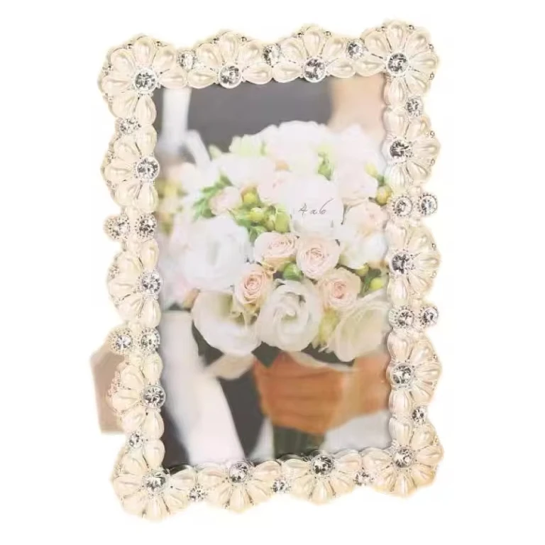 Wedding Silver White Pearls Metal Zinc Alloy Photo Frame 4x6 Inch Picture Paper Rectangle For Home Tabletop Party Decor