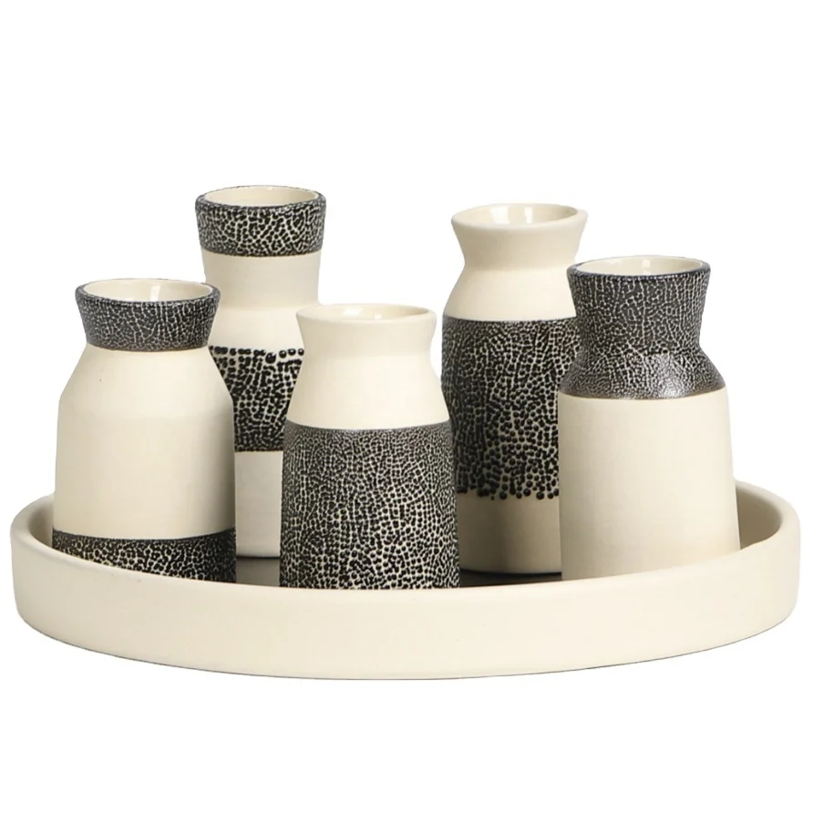 Set of 6pcs black mini flower vase with ceramic plate