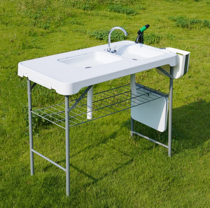 Outdoor camping fish cleaning table double sink with mesh