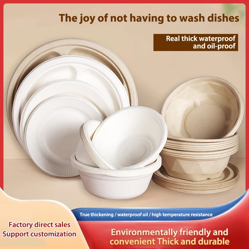 Disposable bagasse bowl take-out sugarcane packaging box degradable bagasse food container outdoor barbecue bowl Plate