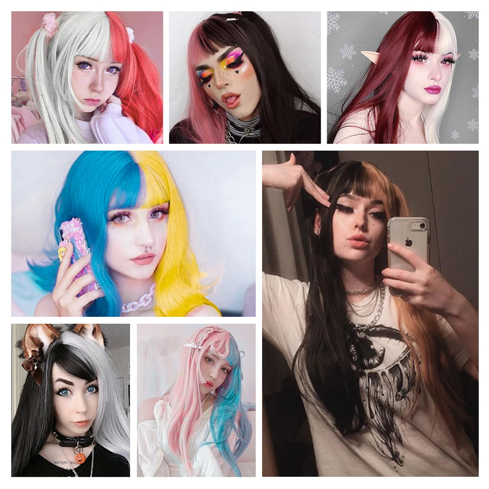 Half Blue and Pink Straight Long Wigs Middle Part Heat Resistant Fiber Hair Synthetic Wig for Women Cosplay Halloween Use