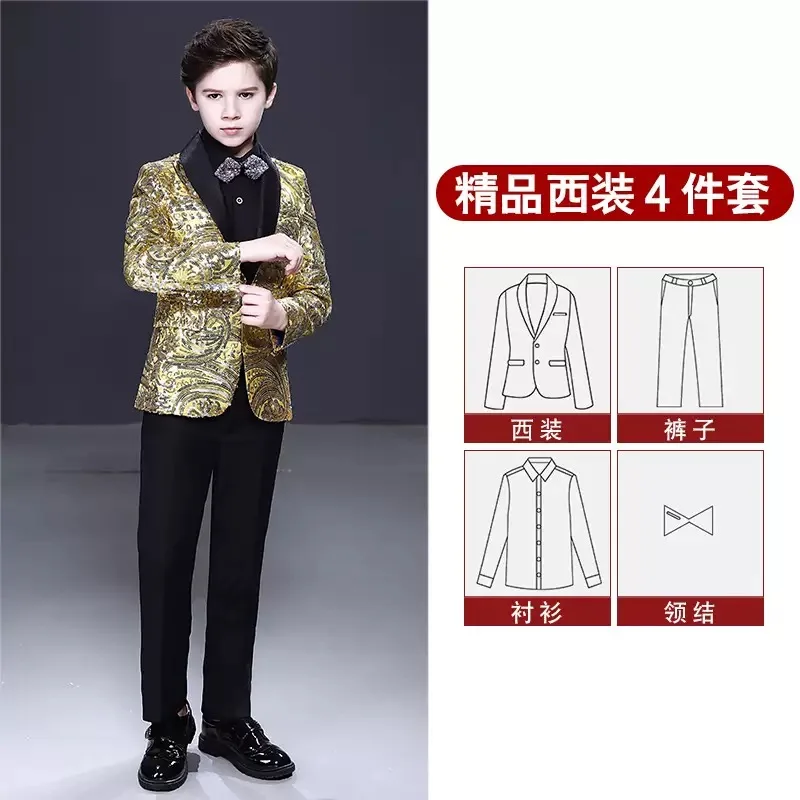 6-16y Gold Sequined Elaborate Kids Clothing Children Wear Plus Size Men Suits Host Piano Performance Flower Boys Tuxido Blazer