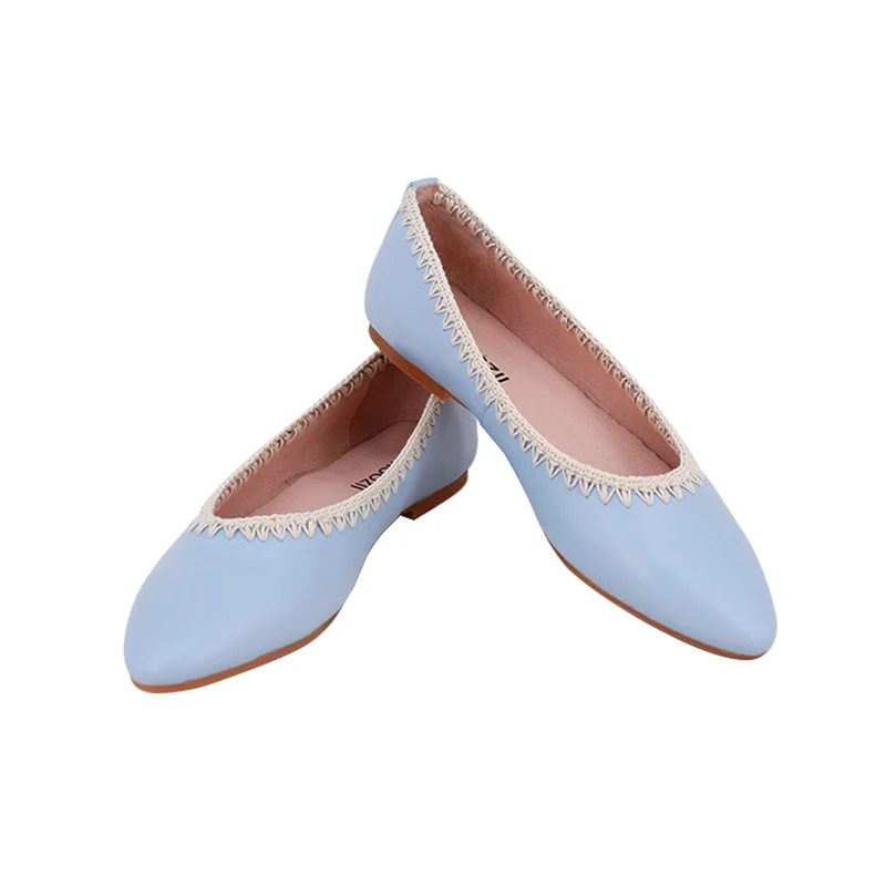 CHOOZII New Arrival Ladies Women Summery Baby Blue Genuine Leather Pointed Toe Ballet Flats with Stylish Crochet Trim