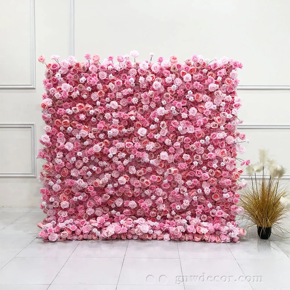 GNW Factory Outlet Custom Pink Flower Wall  Artificial Silk Flower Wall For Wedding Decoration Flower Wall