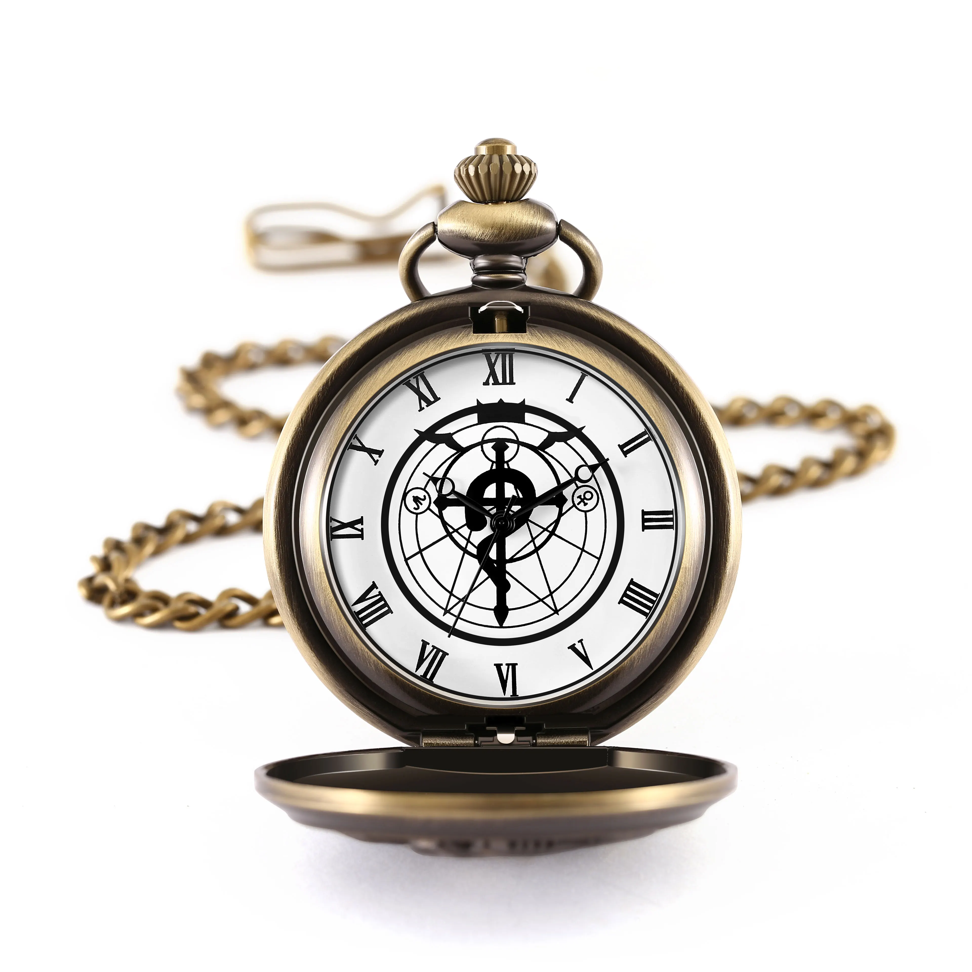 New Silver black quartz Anime Fullmetal Alchemist Pocket Watch with Chain Box for Cosplay Accessories Anime Merch