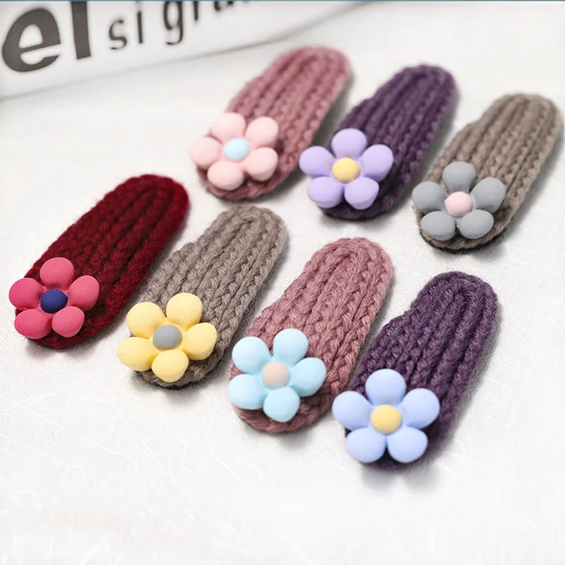 Симпатичные Детские осенне-зимние теплые шерстяные вязаные крючком заколки для волос BB милые заколки для волос Вязаные Цветочные заколки для девочек