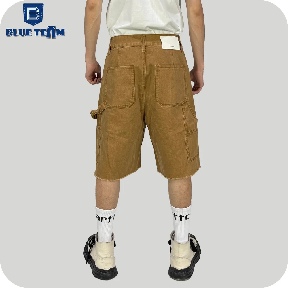 Blue Team | Custom logo jean shorts cargo pants denim with pocket street raw cuff edges baggy denim shorts custom for men