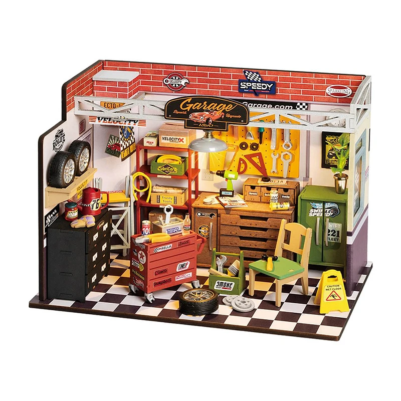 Robotime Rolife Handmade Kit Assembled Toys DG165 Garage Workshop 3D Wooden Puzzles DIY Miniature Dollhouse