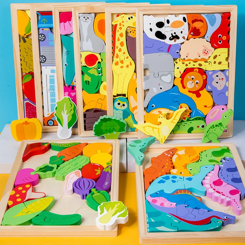 Wholesale  Colored Wooden Jigsaw 3D Puzzle Blocks Animal Fruit Cartoon Educational Toys Puzzles for Kids