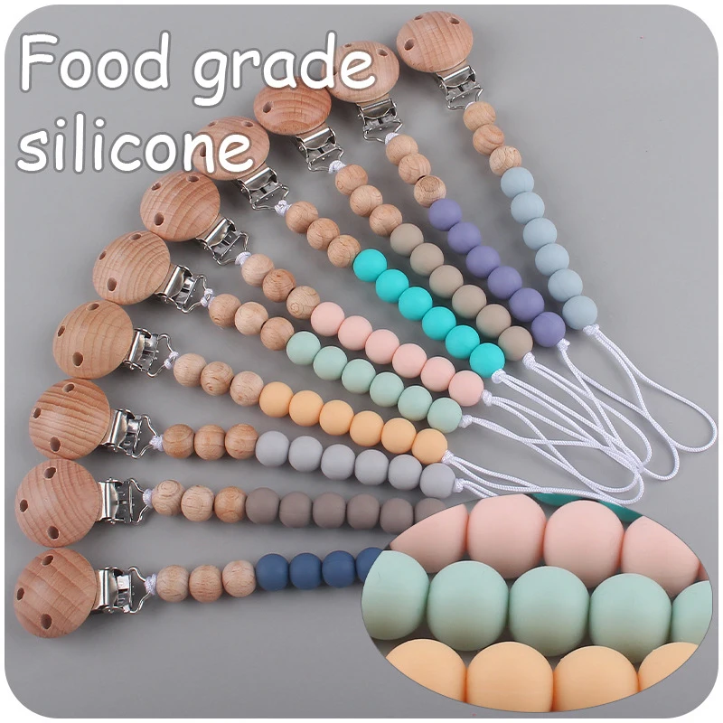 Wholesale Printed Letters Wooden Rings Colorful BPA Free 100% Silicone Baby Pacifier Beads Chain