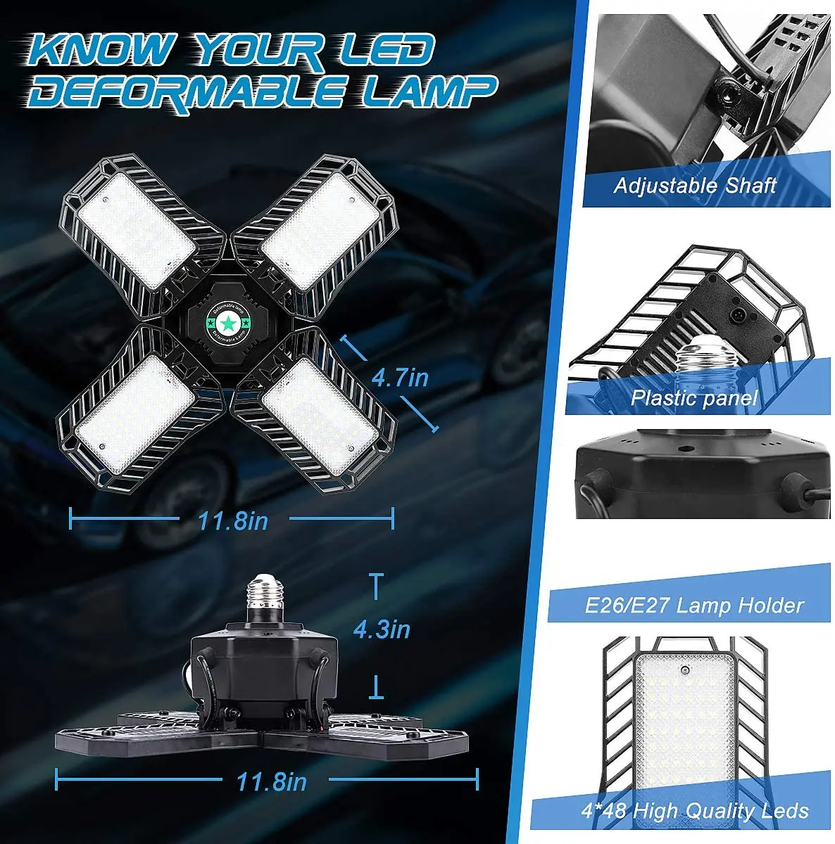 Low consumption 120W plastic deformable garage lamp with 4 adjustable panel