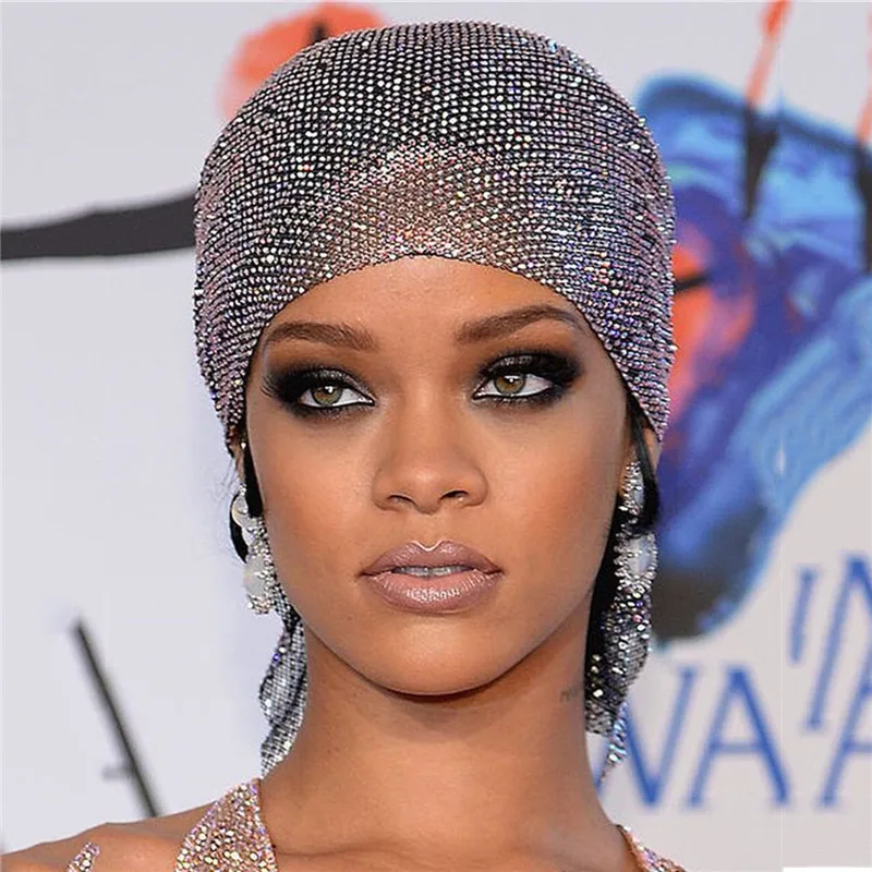 Glitter Rhinestone Diamond Head Top Celebrity Black Shiny See Through Beach Turban Durag Headscarf