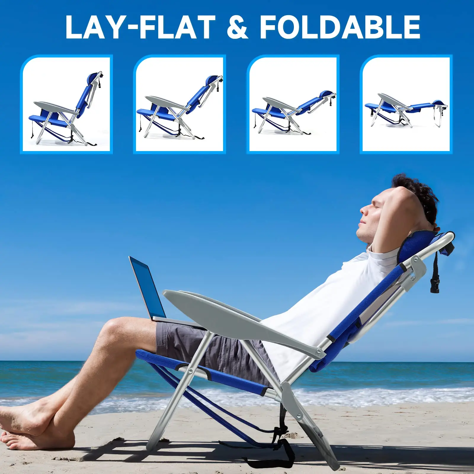 Переносное пляжное кресло для взрослых, уличное легкое Походное кресло, лежащее на плоской подошве, с складным рюкзаком, подголовник, подстаканник