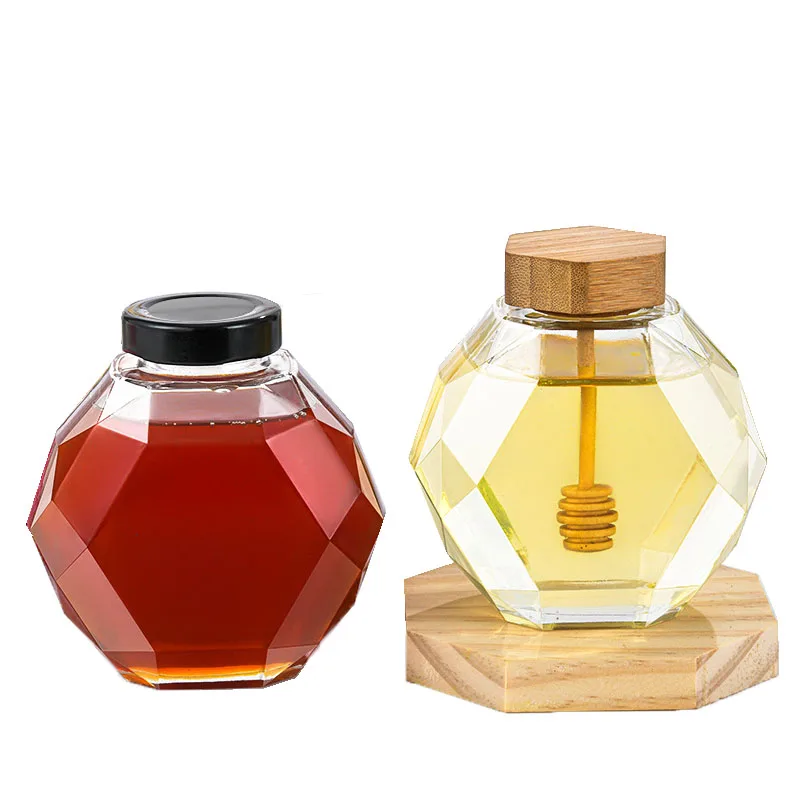 Empty Honey Bottle Packaging Sealed Cans Hexagonal Honey Jars with Wooden Cork Food Grade Glass Kitchen Borosilicate Glass