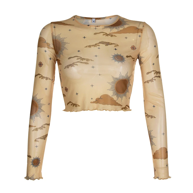 
Kakhi Long Sleeve Angel Printed Mesh Basic Tee Shirts Perspective Elastic Streetwear Wholesale Tops 