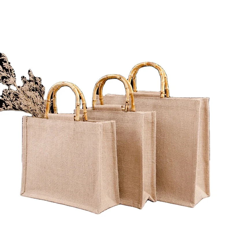 HANSUN Reusable logo linen durable capacity laminated burlap 100% jute tote bag gift grocery shopping with bamboo handle